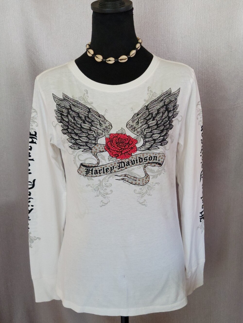 Harley-Davidson White Long Sleeve Tee with Red Rose and Black Winged Graphic
